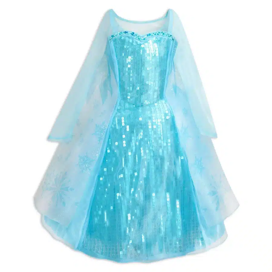 Blue sequined princess dress with a sheer light blue cape and snowflake details icy inspired costume seeded for a child