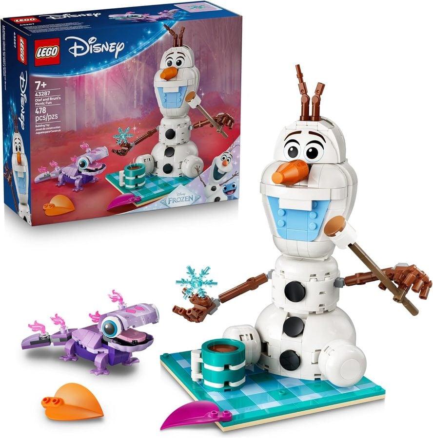 LEGO Disney Frozen 2 set 43287 Olaf snowman with Bruni on a turquoise checkerboard baseplate and colorful dragon pieces shown with the box art behind