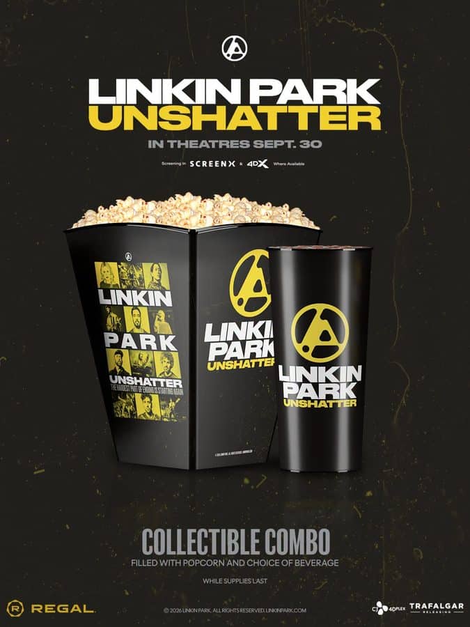 Promotional poster for Linkin Park Unshatterer with a popcorn bucket and a branded drink cup on a dark background