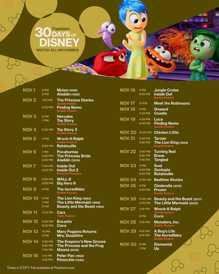 Promotional banner for Freeforms 30 Days of Disney featuring Disney characters with a full movie schedule list for November