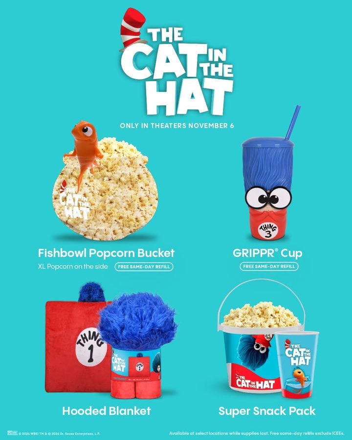 Teal promotional poster for The Cat in the Hat showing Fishbowl Popcorn Bucket GRIPPR Cup Hooded Blanket and Super Snack Pack on a bright background
