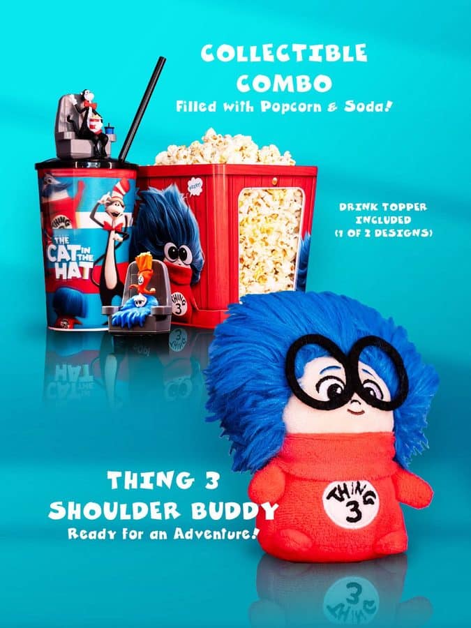 Regal The Cat in the Hat Collectible Combo with popcorn tin and topper cup plus the Thing 3 Shoulder Buddy plush