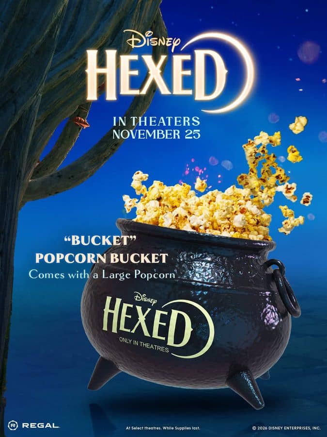 Regal Hexed Bucket Popcorn Bucket shaped like a black cauldron filled with popcorn