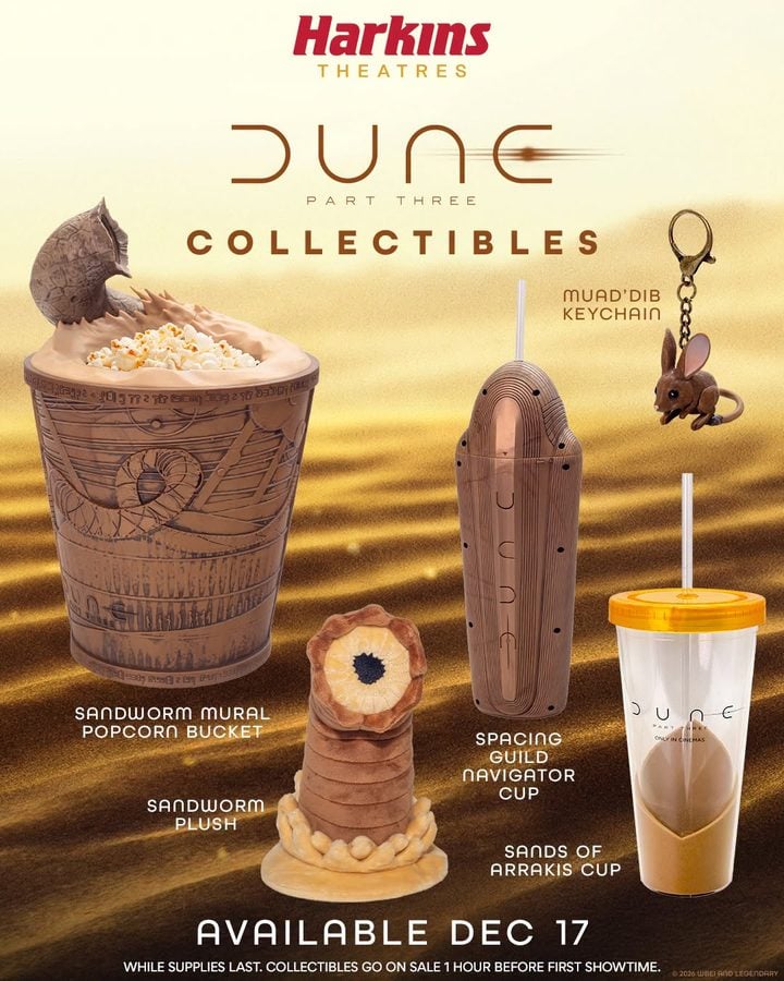 Promotional poster for Dune Part Three Collectibles featuring a sandworm popcorn bucket sandworm plush Spacer Guild navigator cup Sands of Arrakis cup MuadDib keychain and a Dune tumbler on a desert backdrop with Harkins Theatres logo