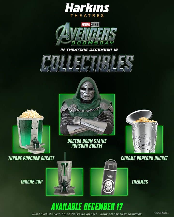 Harkins Avengers Doomsday Doctor Doom statue popcorn bucket throne popcorn bucket chrome popcorn bucket throne cup and Thermos