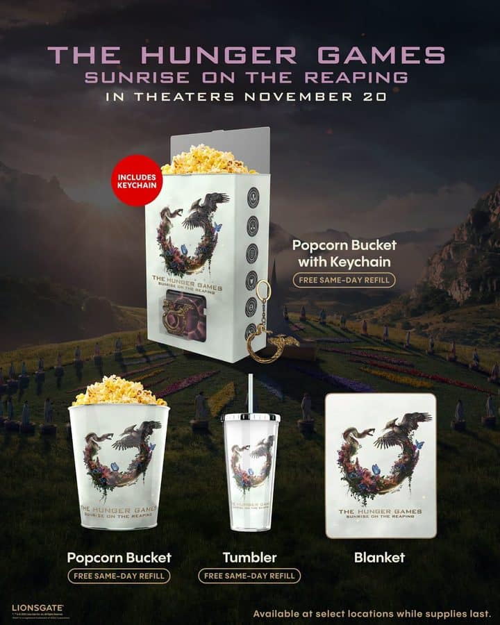 Hunger Games promotional poster showing a popcorn bucket with accessories and a keychain all branded with the logo and text about free refills