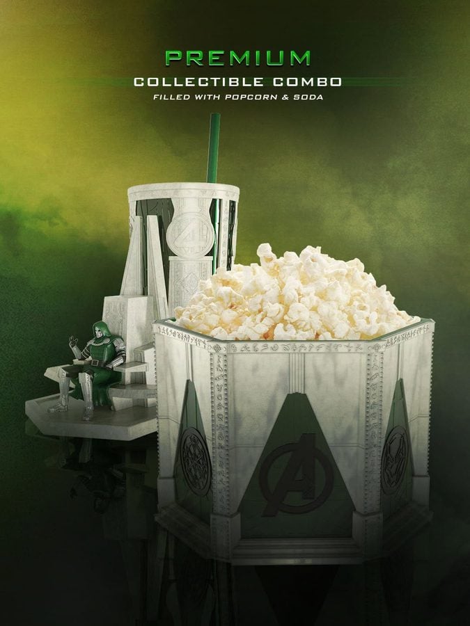 Avengers themed premium collectible with a large popcorn tub and soda cup on a decorative pedestal green gradient backdrop text reads Premium Collectible Combo filled with Popcorn  Soda