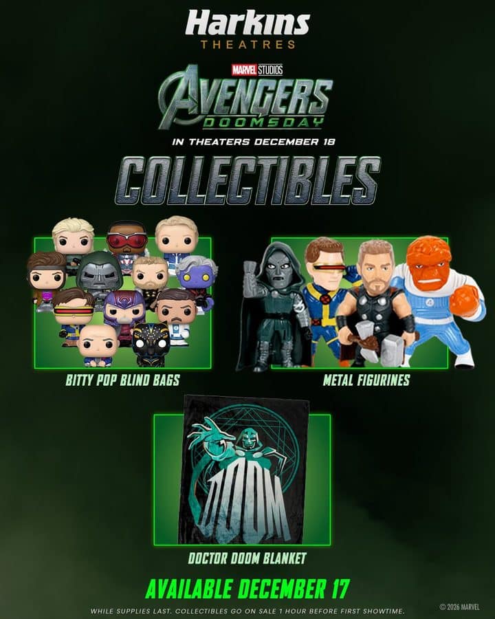 Harkins Avengers Doomsday Bitty Pop blind bags metal figurines of Doom Cyclops Thor and The Thing and a Doctor Doom blanket