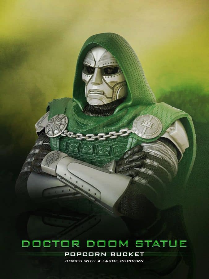 Doctor Doom statue in green armor and hood arms crossed on a green background product image for a popcorn bucket promo