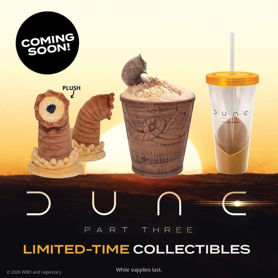 Sunset promotional image for Dune Part Three three edible collectibles worm shaped chocolate pieces and a popcorn topped cup beside a branded drink with a Coming Soon badge in the corner and LIMITED TIME COLLECTIBLES text at the bottom