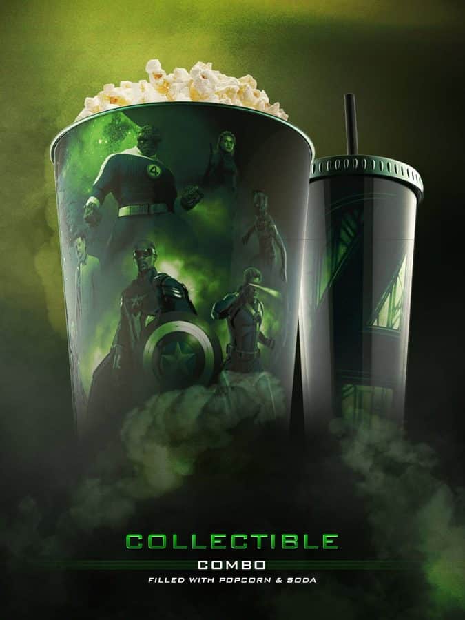 Green tinted promotional image of a large popcorn cup and a soda cup featuring a superhero team advertising a collectible combo with popcorn and soda