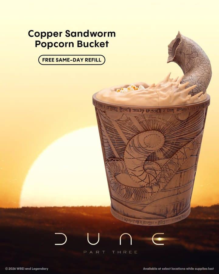 Promotional poster for Dune Part Three featuring a copper sandworm popcorn bucket against a sunset desert background with a Free Same Day Refill badge