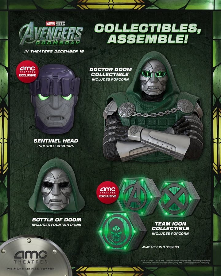 AMC Theatres Avengers Doomsday collectibles with the Sentinel Head Doctor Doom Collectible Bottle of Doom and Team Icon Collectible