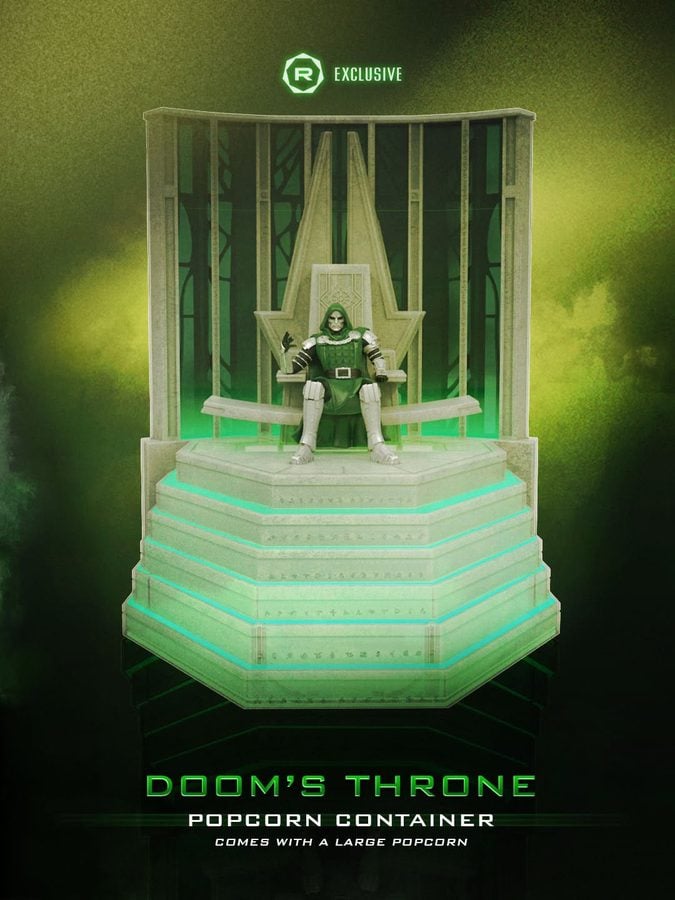 Regal exclusive Doom's Throne popcorn container with Doctor Doom sitting on a throne on top of a glowing stepped base