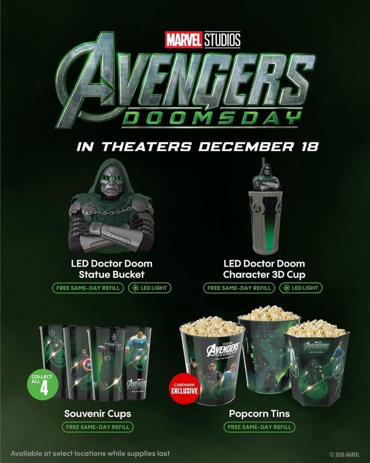 Cinemark Avengers Doomsday LED Doctor Doom statue bucket LED Doctor Doom 3D cup four souvenir cups and three popcorn tins