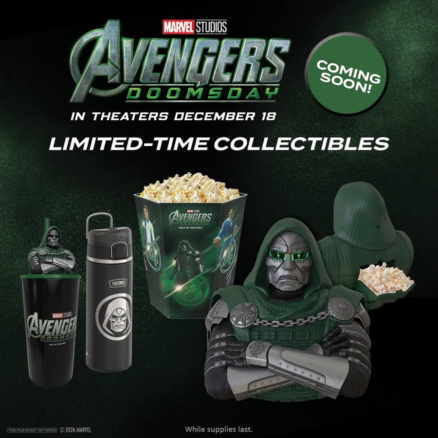 Marcus Theatres Avengers Doomsday Doctor Doom statue bucket with the hood opened to show popcorn inside a Doom cup a Thermos and a popcorn tin