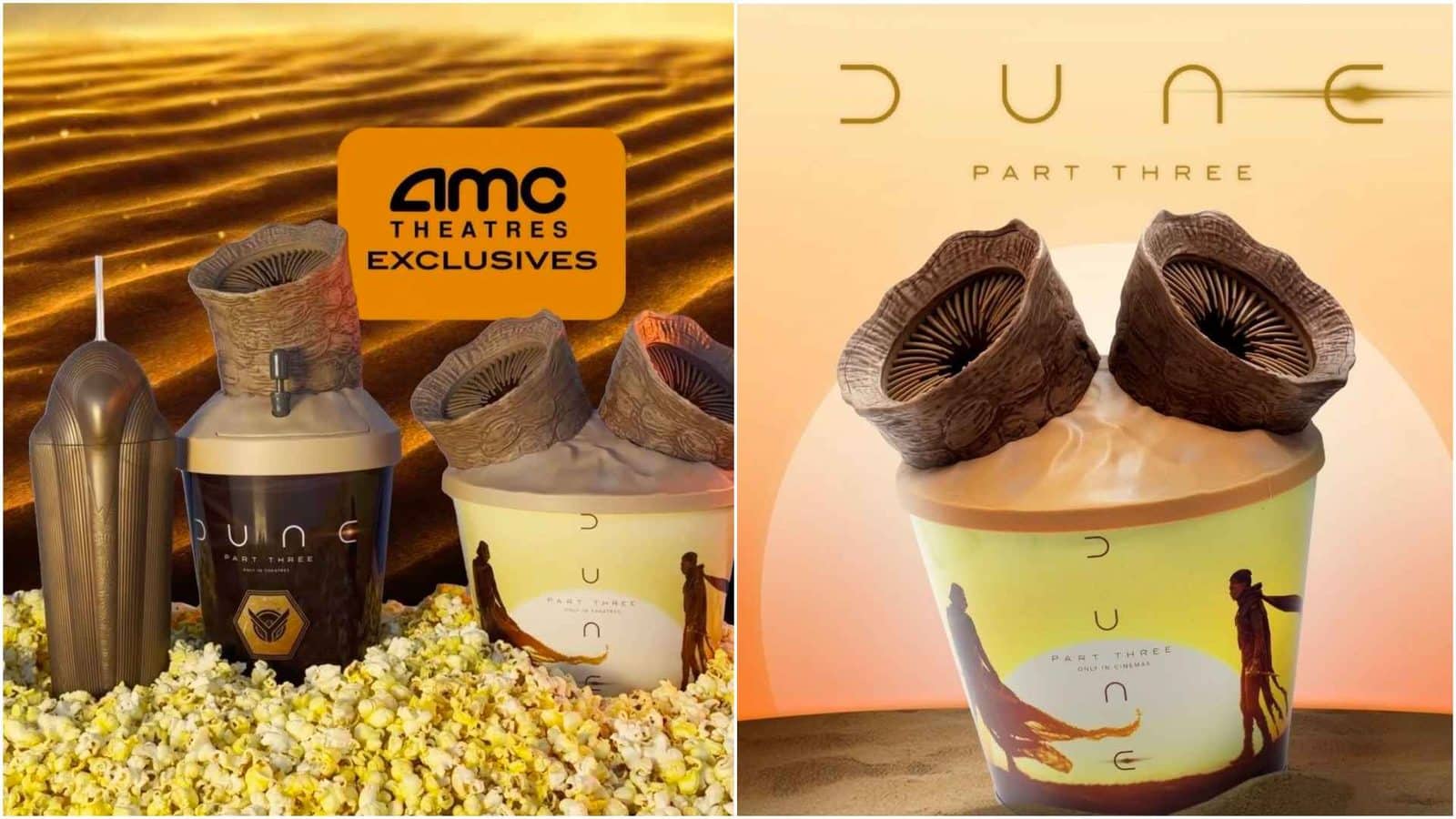 Left panel shows an AMC Theatres Exclusives display with popcorn cups in a desert backdrop right panel features a Dune Part Three poster with large cups