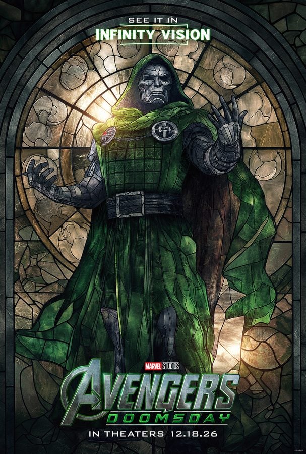 Villain in a green cloak raises a gloved hand inside a stained glass arch on an Avengers poster with Doom themed design and release date text nearby