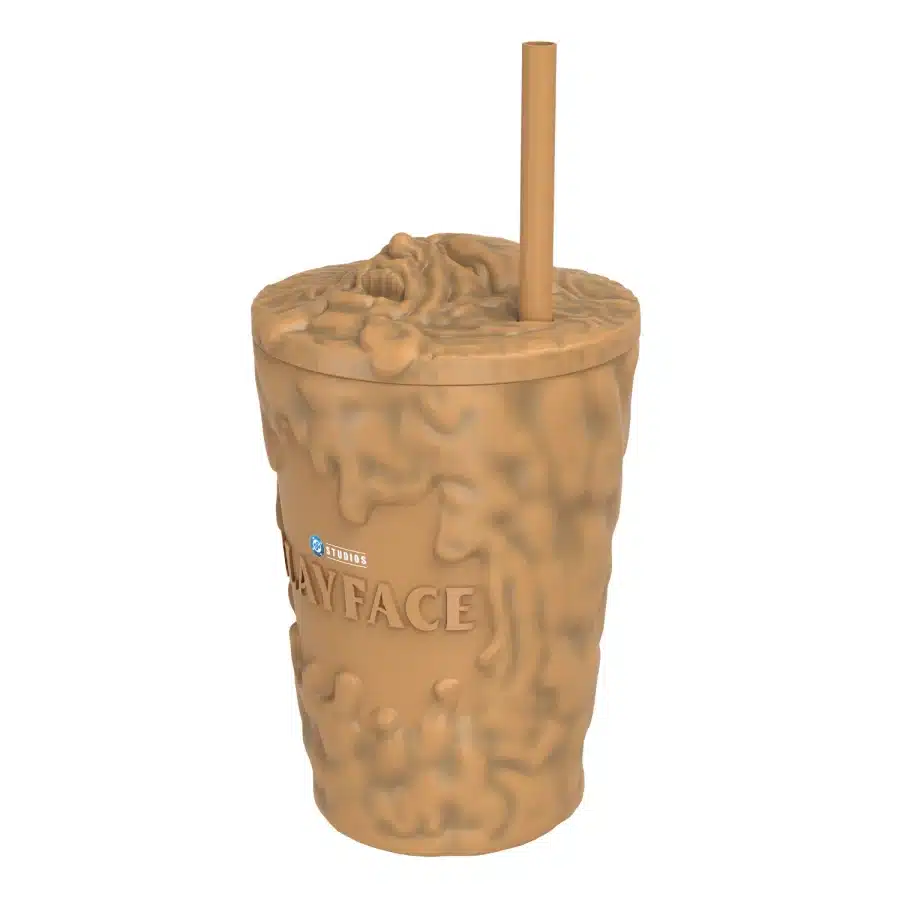 3D render of a tall disposable cup with a lid and straw covered in chunky brown drips like a caramelized surface