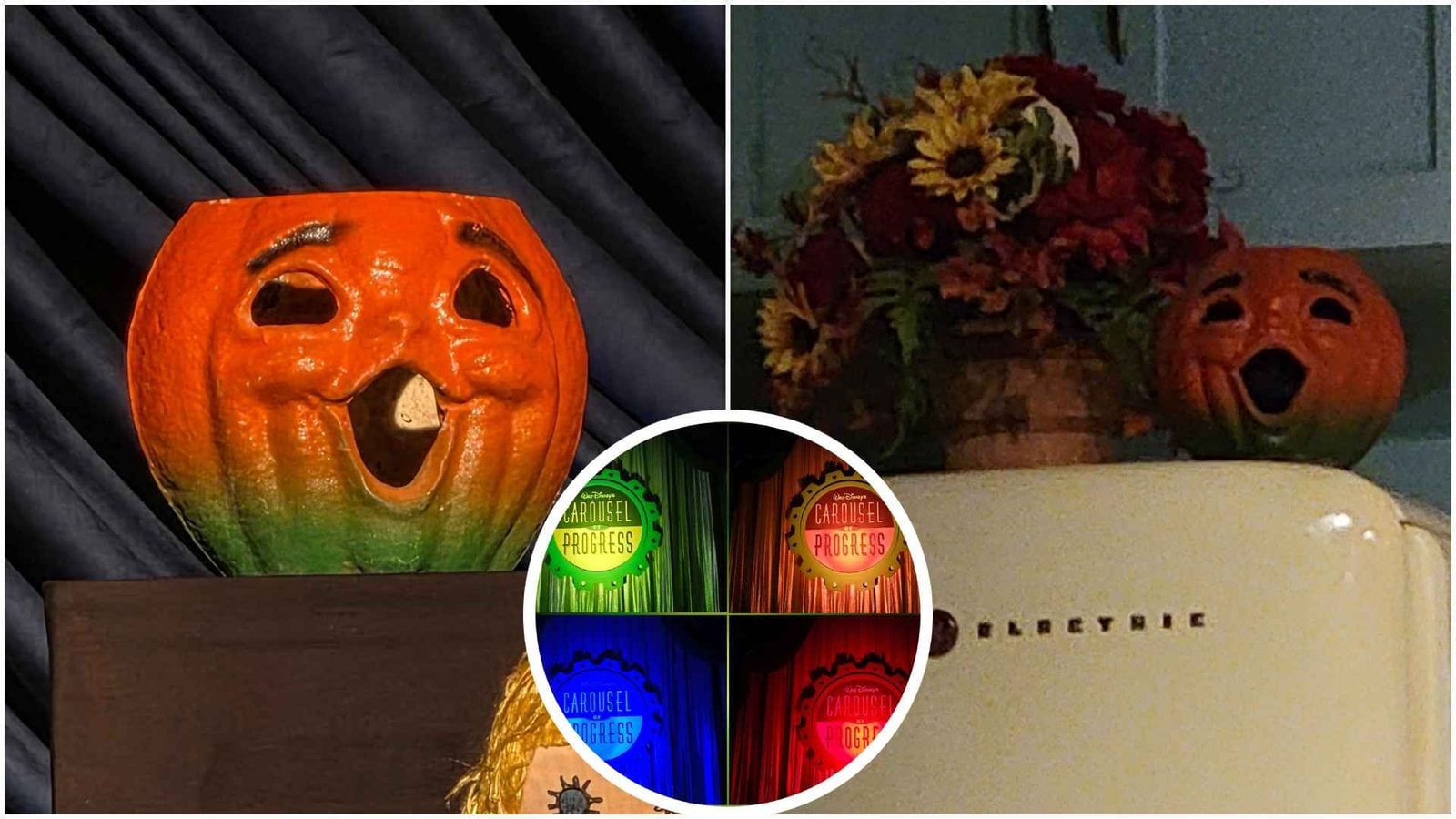 Collage of pumpkins with a round four quadrant color wheel overlay in the center featuring carved jack o lanterns on left and right