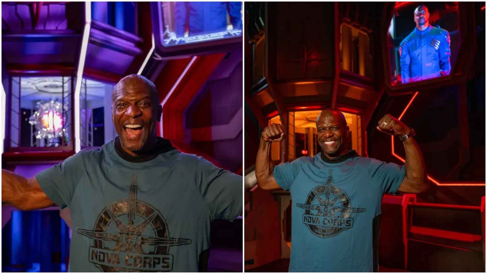 Two side by side images of a smiling man in a light blue Nova Corps shirt arms open in a neon lit sci fi set left panel Right panel shows him flexing his arms and smiling in the same scene