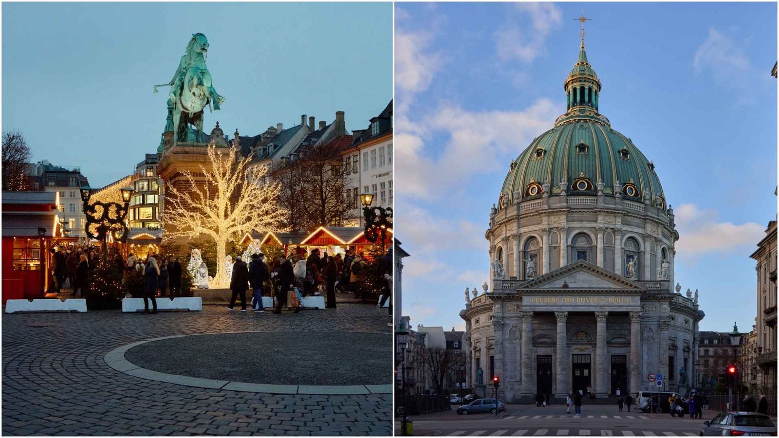 Left illuminated Christmas market with villagers stalls and a statue on horseback right grand building with a green dome against a blue sky