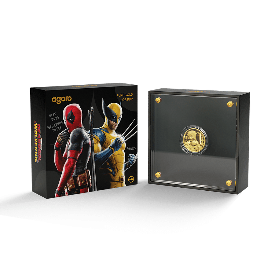 Two superhero action figure box set featuring Deadpool and Wolverine beside a black glass display safe with a gold coin inside
