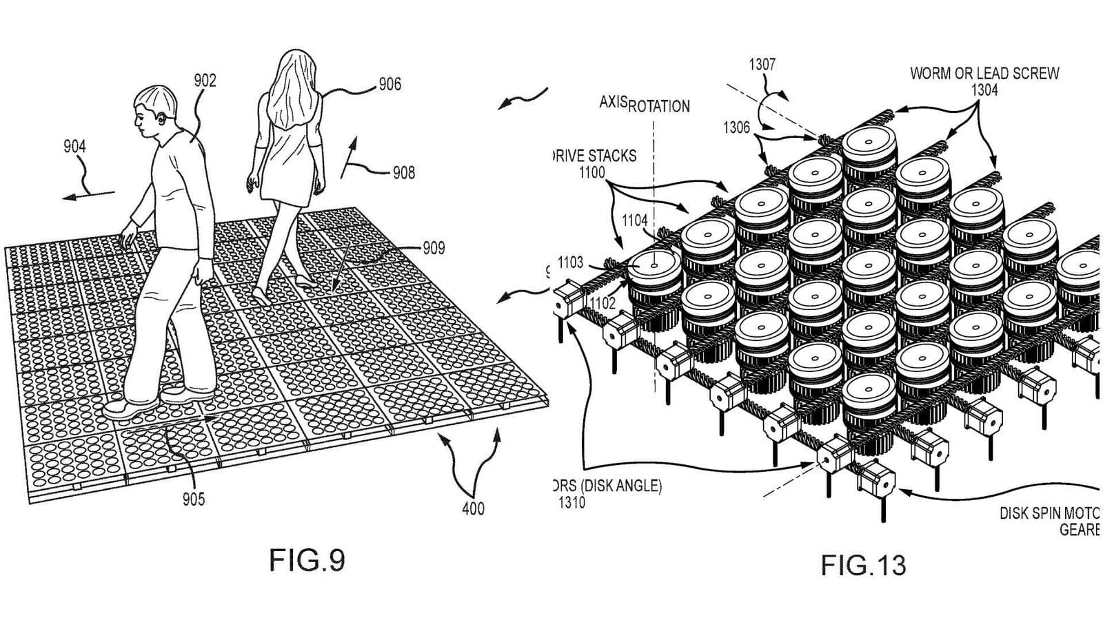 Patent style diagram a person walking on a perforated floor beside a dense array of stacked disks and drive gears on the right