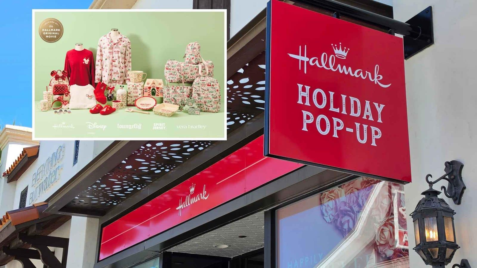 Red Hallmark Holiday Pop Up sign on a shop exterior inset shows a green holiday product display with bags clothing and gifts