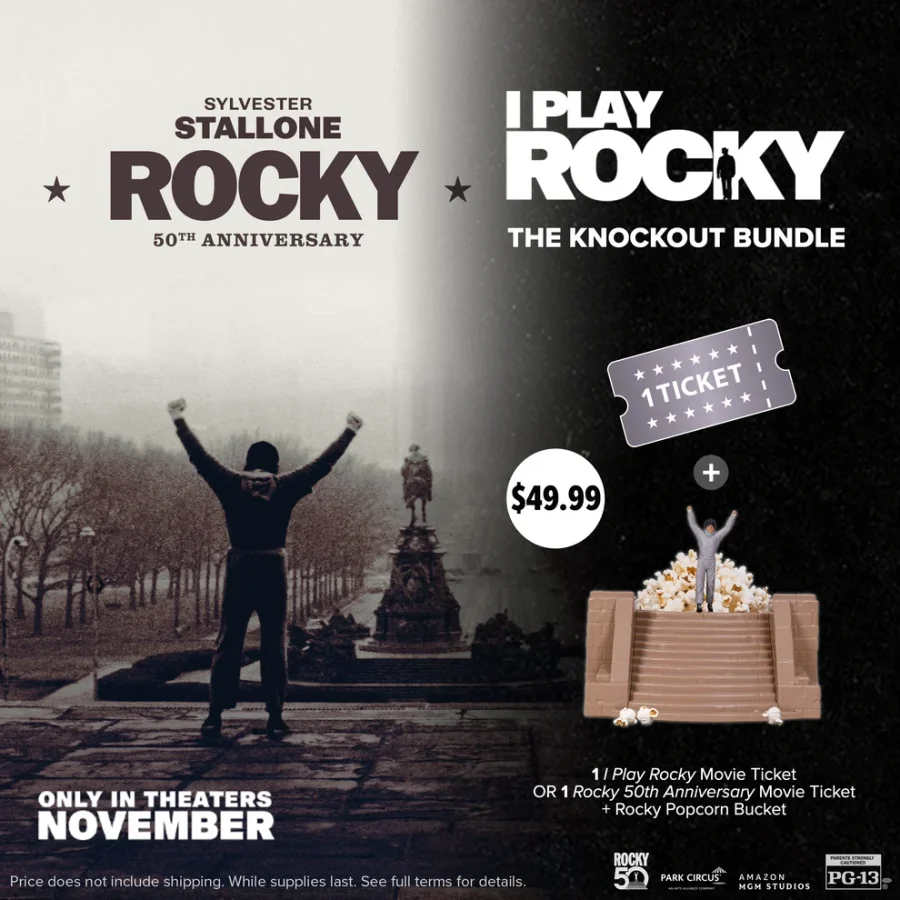 Promotional poster split left side shows a man raising fists at a monument with Rocky 50th Anniversary and November text right side advertises I PLAY ROCKY bundle ticket image 99 and a man emerging from a popcorn bucket