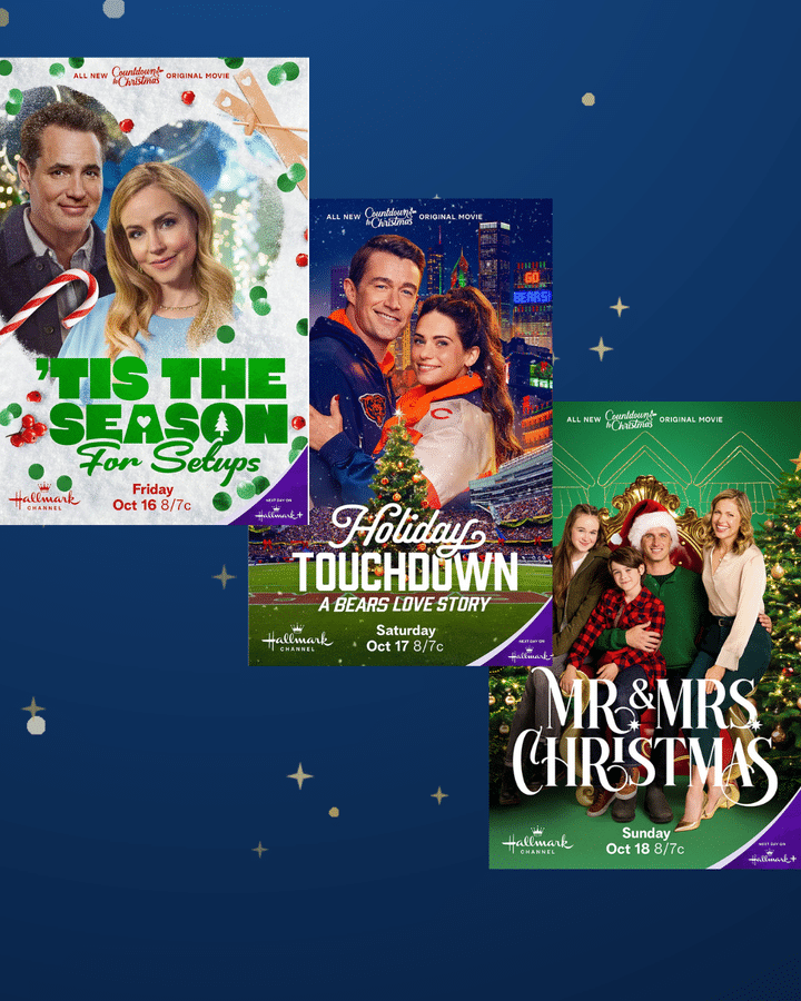 Collage of Hallmark Christmas movie posters on a blue starry background Tis the Season for Setups Holiday Touchdown and Mr  Mrs Christmas