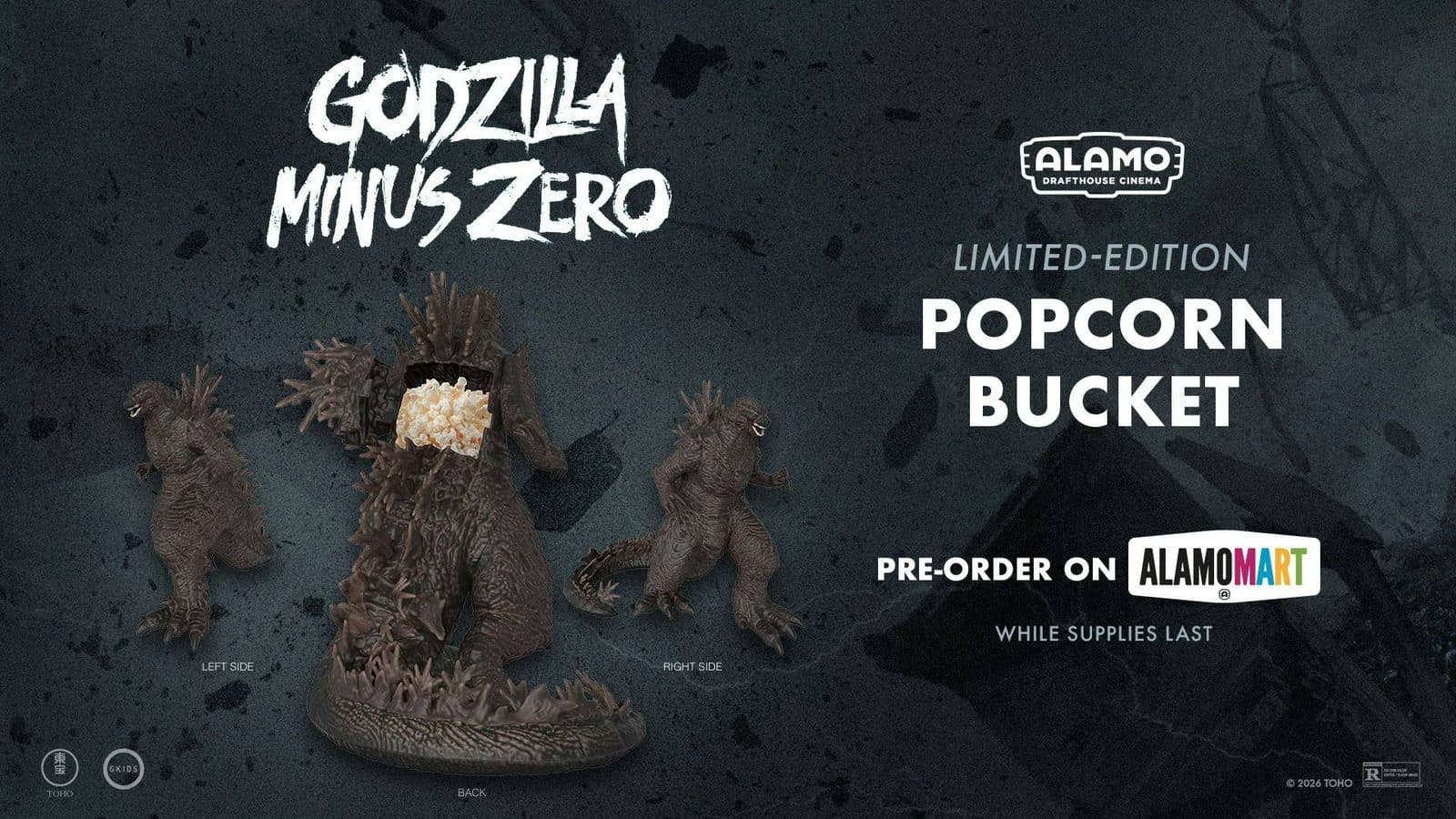 Limited edition Godzilla Minya Zero popcorn bucket promo with three Godzilla figures against a dark textured background