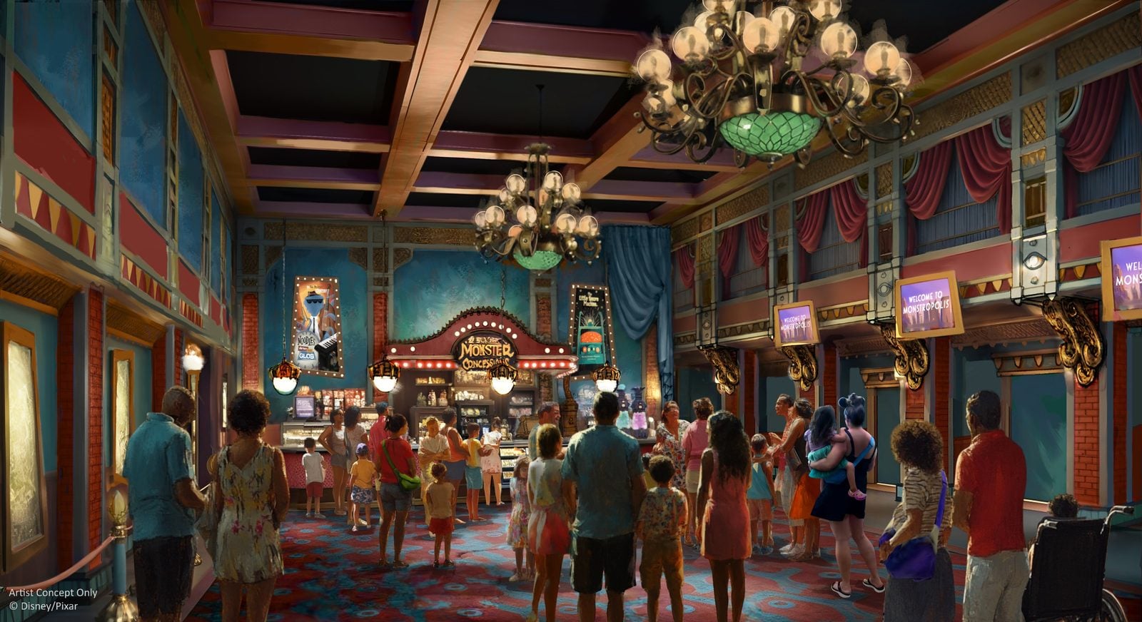 Inside a colorful theater lobby with ornate chandeliers a snack counter and a crowd of people queuing in a themed space