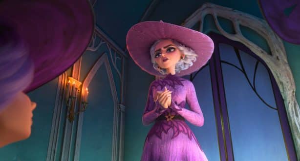 Animated style queen like character in a purple dress and oversized pink hat stands in a blue lit fantasy castle interior
