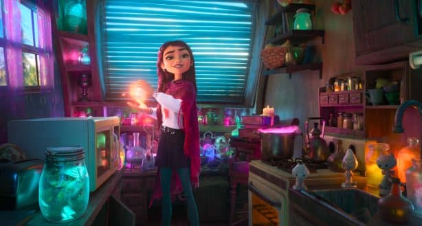 Animated girl in a neon cluttered labkitchen sets a glowing orb in her hand surrounded by glowing jars and beakers
