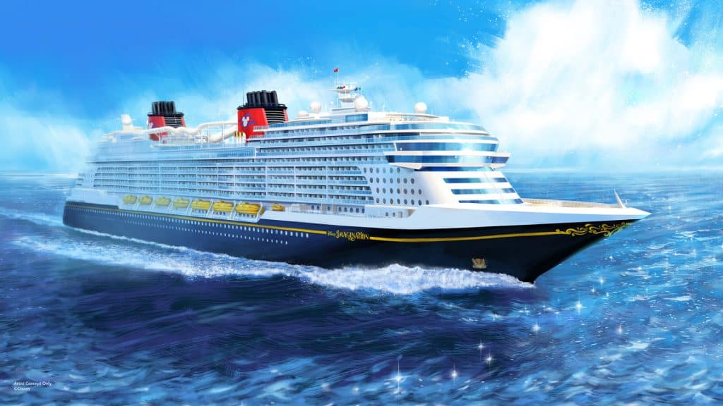 Large white luxury cruise ship sailing on open blue ocean under a bright sky with multiple decks and yellow lifeboats visible along the side