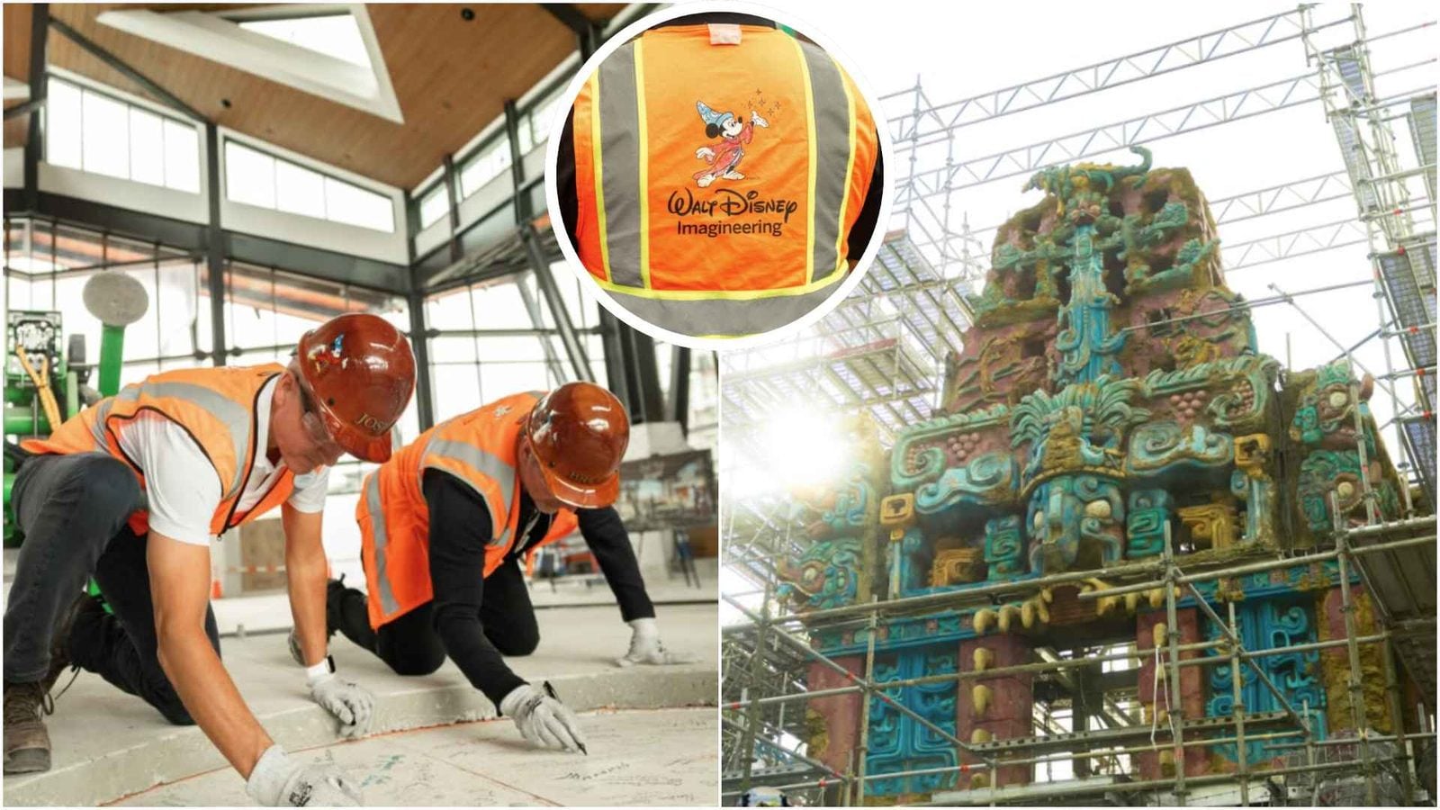 Construction workers in orange safety vests at a site with a circular inset showing a Walt Disney Imagineering vest logo