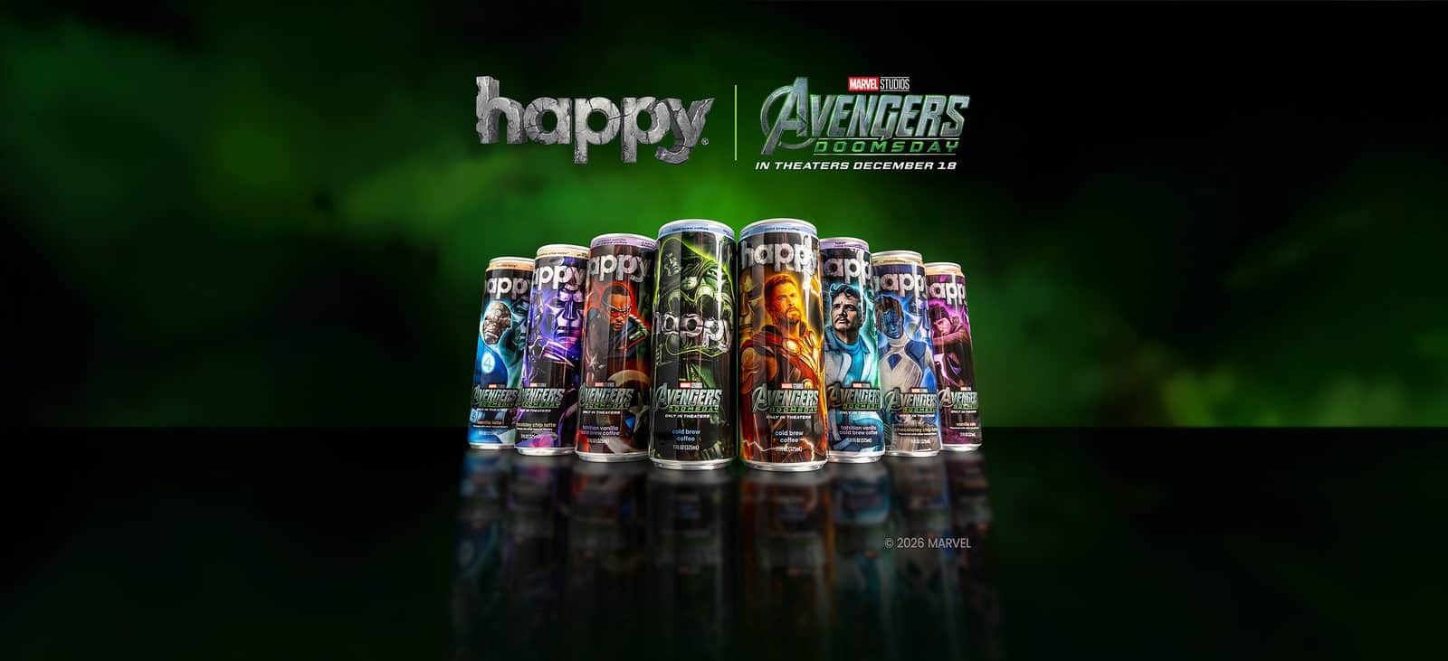 Row of Avengers themed energy drink cans arranged on a reflective surface with a green smoky background poster like backdrop
