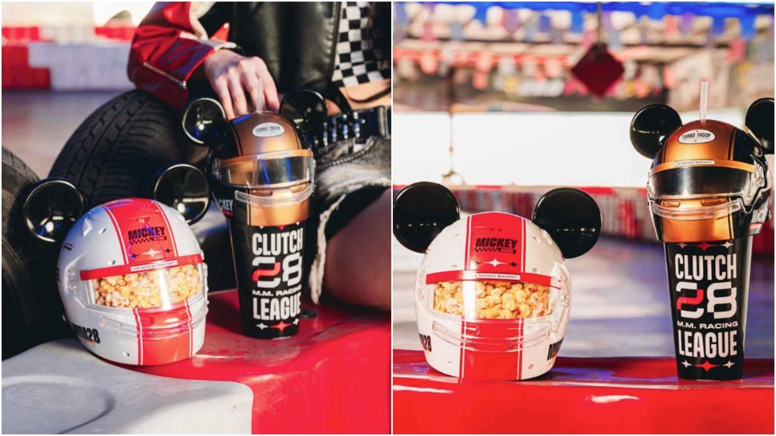 Split image of go kart gear on a red pit table left shows a brown visor helmet and a popcorn filled white helmet right shows an orange visor helmet and a CLUTCH 28 cup