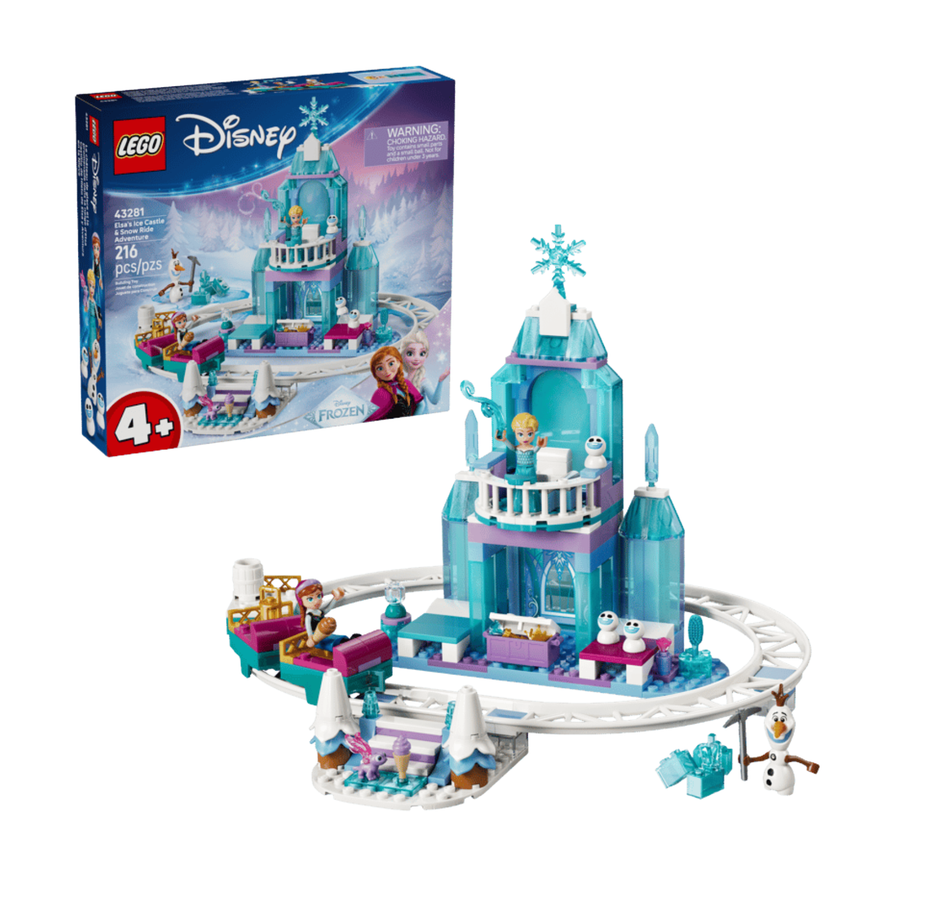 Lego Disney Frozen ice castle set with track ride and characters box visible in background age 4+
