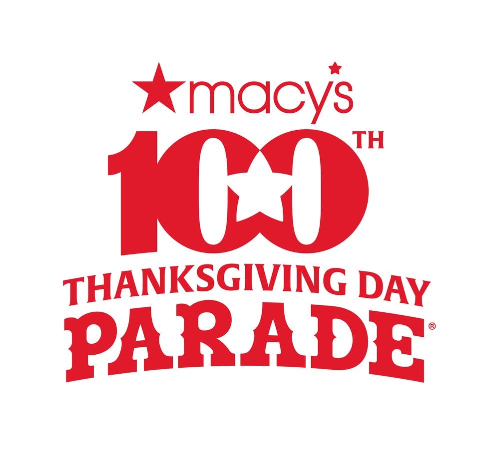 Macys Thanksgiving Day Parade logo in red featuring a star and large 100 text above Importantly communicates the parade branding