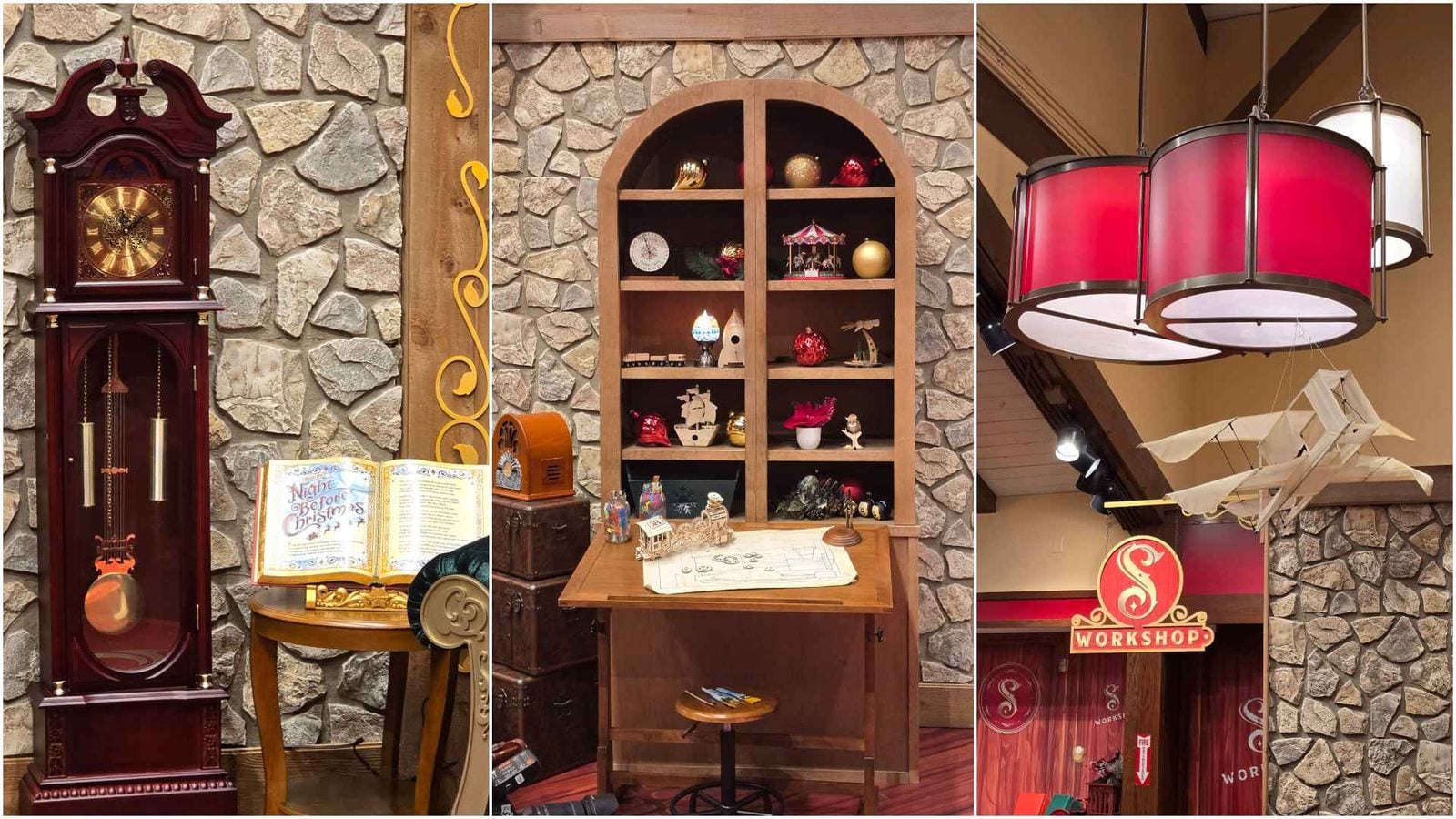 Showcase of vintage items a tall wooden grandfather clock open book and table items against a stone wall three panel collage