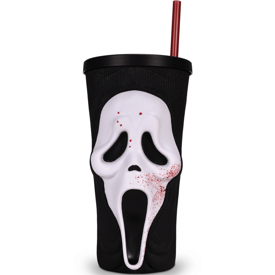 Black textured travel cup with a white Ghostface mask attached to the front and a red straw