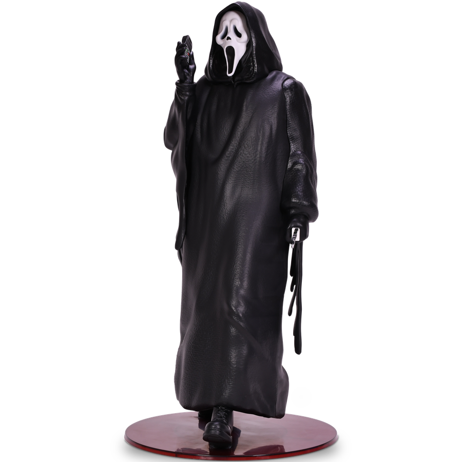 Ghostface figure in a black hooded robe on a round pedestal holding a knife