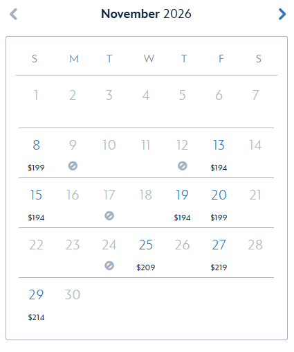 November 2026 calendar showing select daily prices eg Nov 8 9 Nov 13 4 Nov 27 9 with navigation arrows