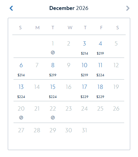 Calendar view for December 2026 displaying daily prices on select dates with navigation arrows and month header
