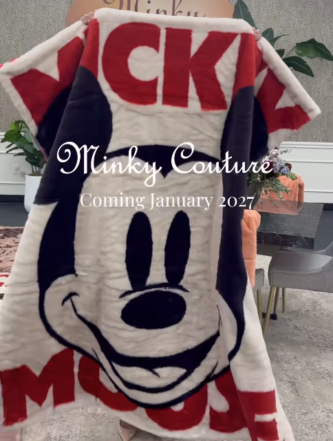 Promotional image of a Mickey Mouse plush blanket with Minky Couture and Coming January 2027 text overlay