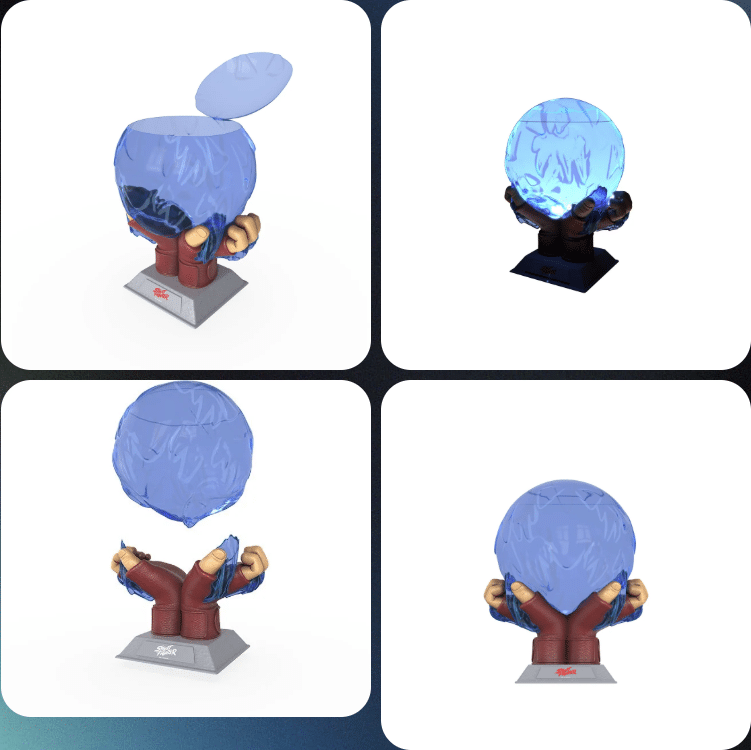Collage of four views of a trophy statue with brown arms lifting a blue balloon globe