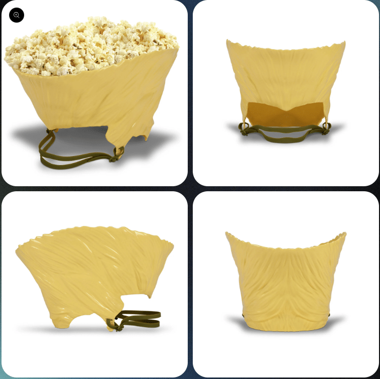 Yellow pouch shaped bag with a dark leather strap filled with popcorn in a white background collage panel