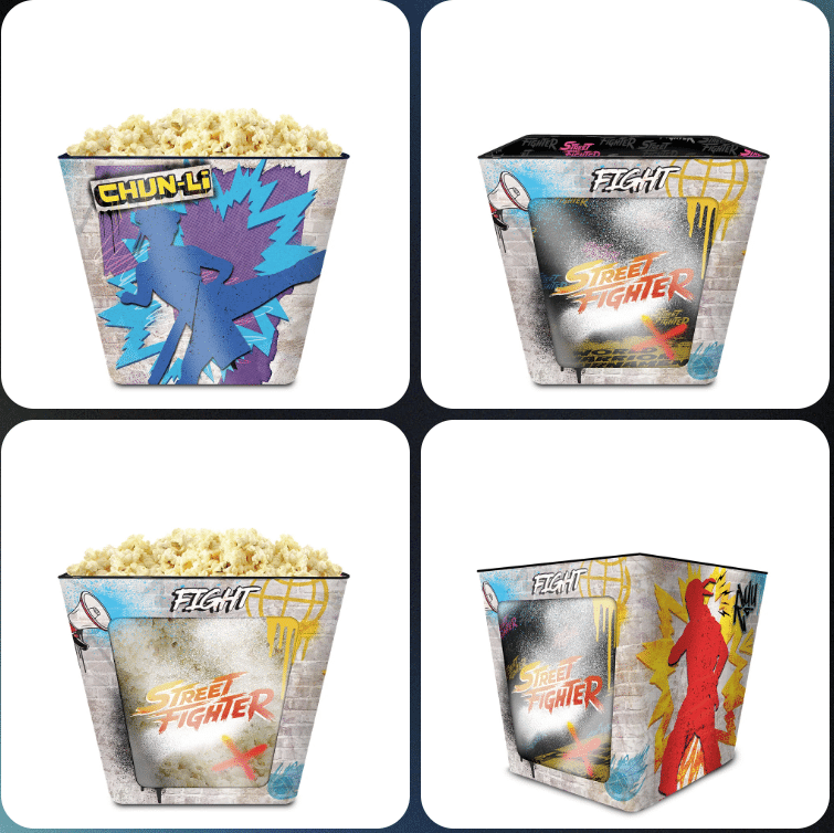 Collage of four popcorn tubs featuring Street Fighter artwork each tub has different color design and is filled with popcorn